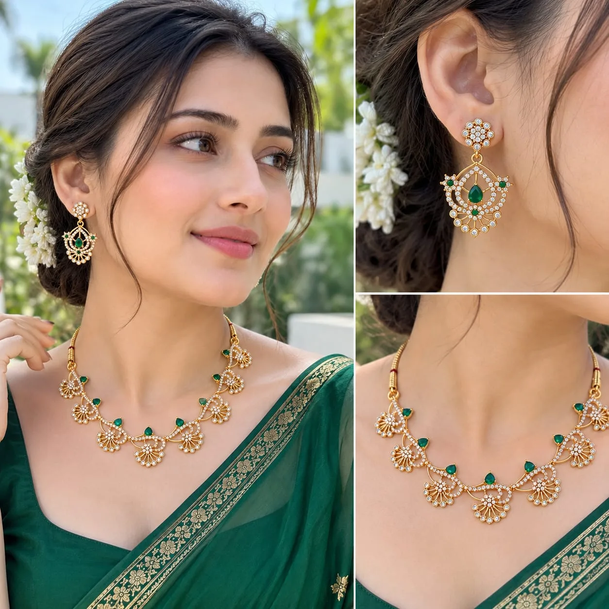 Indian Heritage Emerald Floral Necklace & Earrings Set alternate view