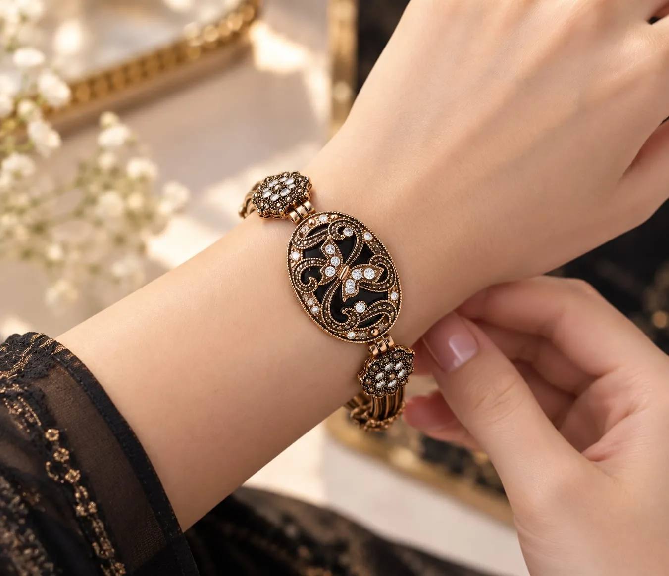 Vintage Black & Antique Gold Statement Bracelet alternate view
